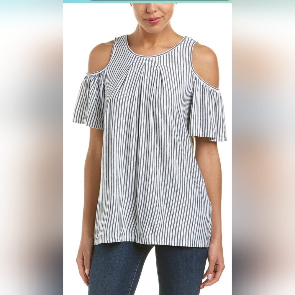 Max Studio Women's Striped Cold Shoulder Blouse, Black & White, XS